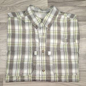 LL Bean Shirt Tropicwear Mens Size L Large Gray Plaid Short Sleev Vented 506268
